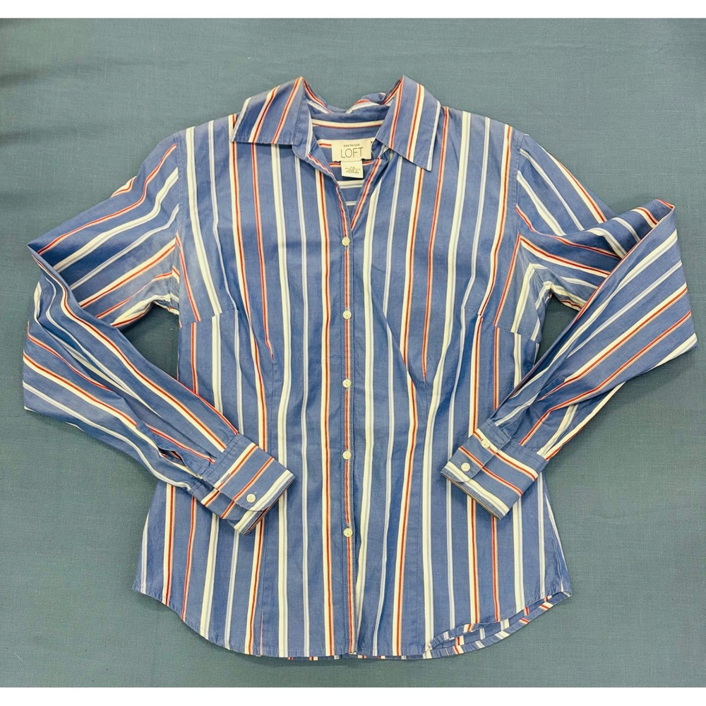 Ann Taylor LOFT Womens XS Blue Red White Striped Button Down Cotton Shirt Top